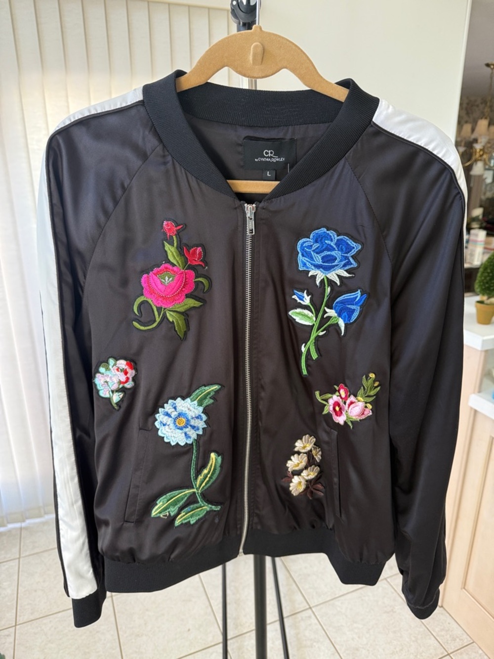 Cynthia Rowley Black Bomber Jacket with Multicolor Floral Embroidery